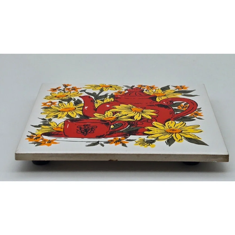 Vintage 1970's Trivet‎ Tile Red Coffee Teapot Floral Wall Hanging Kitchen KK